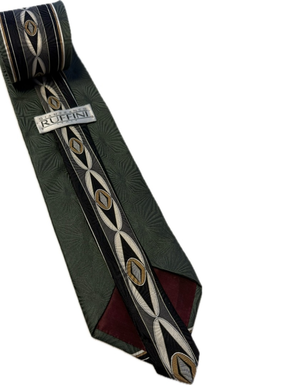 Gianfranco Ruffini Italy 100% Silk Men’s Tie Green Black Gold Geometric 58” x 4”